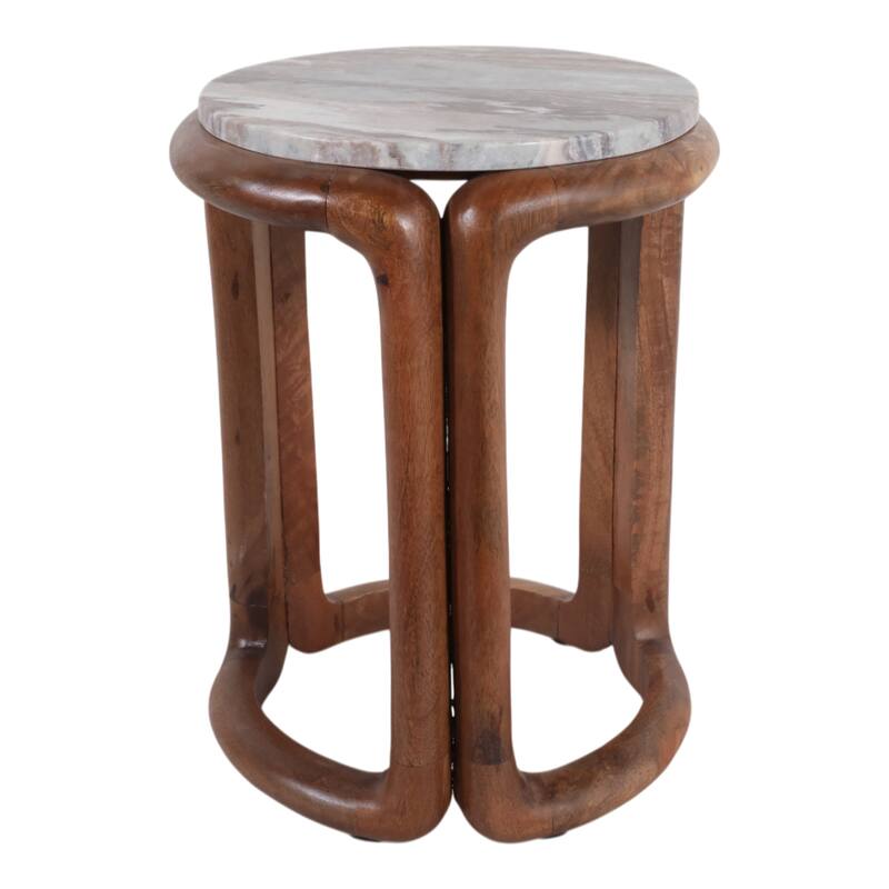 Marble Round Top Inlay Wood End Table - Ivory, 18 in. - 14" x 14" x 18"