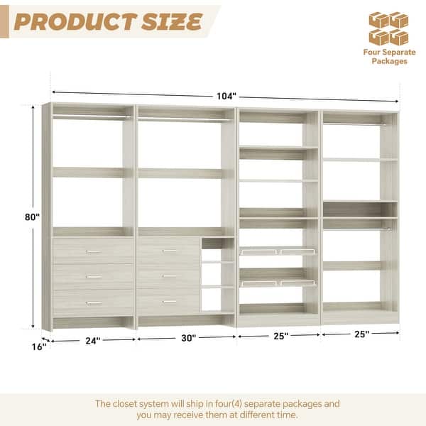 dimension image slide 2 of 3, Cimly Set of 4 Closet Organizer with Drawers and Shoe Rack, Freestanding Closet System with Hanging Rods