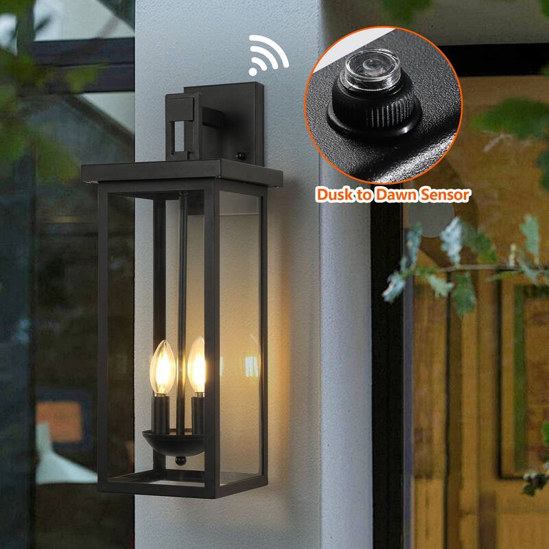1-Pack 22.0" Outdoor Wall Lantern with Dusk to Dawn Sensor, Matte Black Finish, Clear Glass Panels, Weatherproof