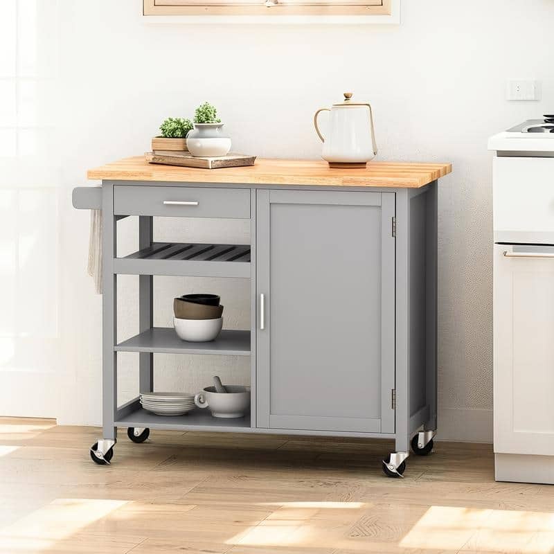 Modern Kitchen Cart with 1 Drawer, 3 Open Shelves, 1 Cabinet with 2 Shelves and a Towel Holder