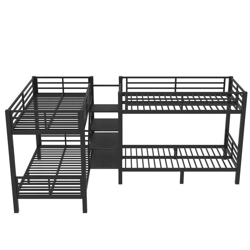 Twin L-Shaped Metal Bunk Bed with Storage Shelves and High-Quality safety Guardrail, Space-Saving
