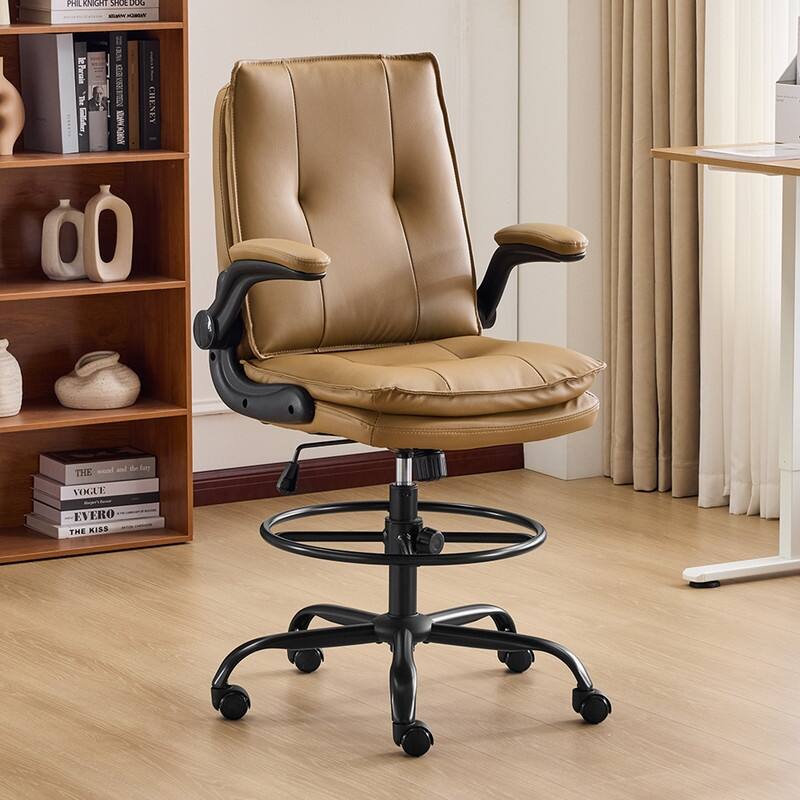 PU Tall Office Chair Drafting Chair With Adjustable Footrest Ring - Khaki