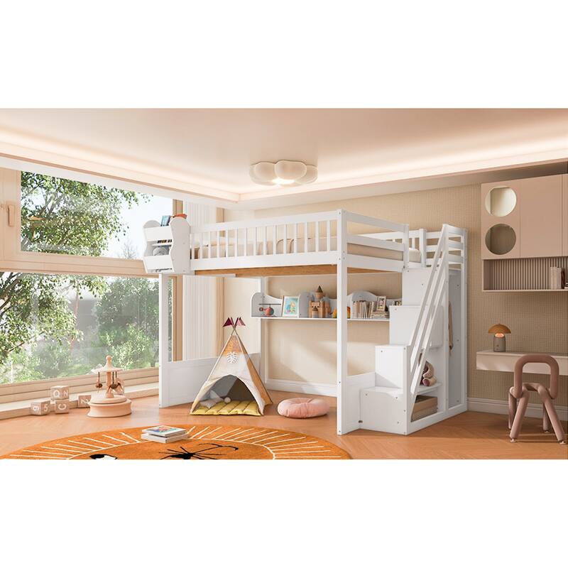 Roomfitters Queen Size Loft Bed with Wardrobe, Storage Staircase and Shelves