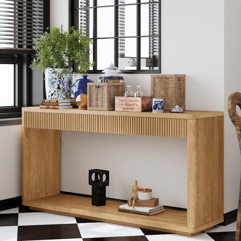 60" Modern 2-Drawer Fluted Console Table Natural Wood Veneer Sofa Table Behind Couch Table for Living Room