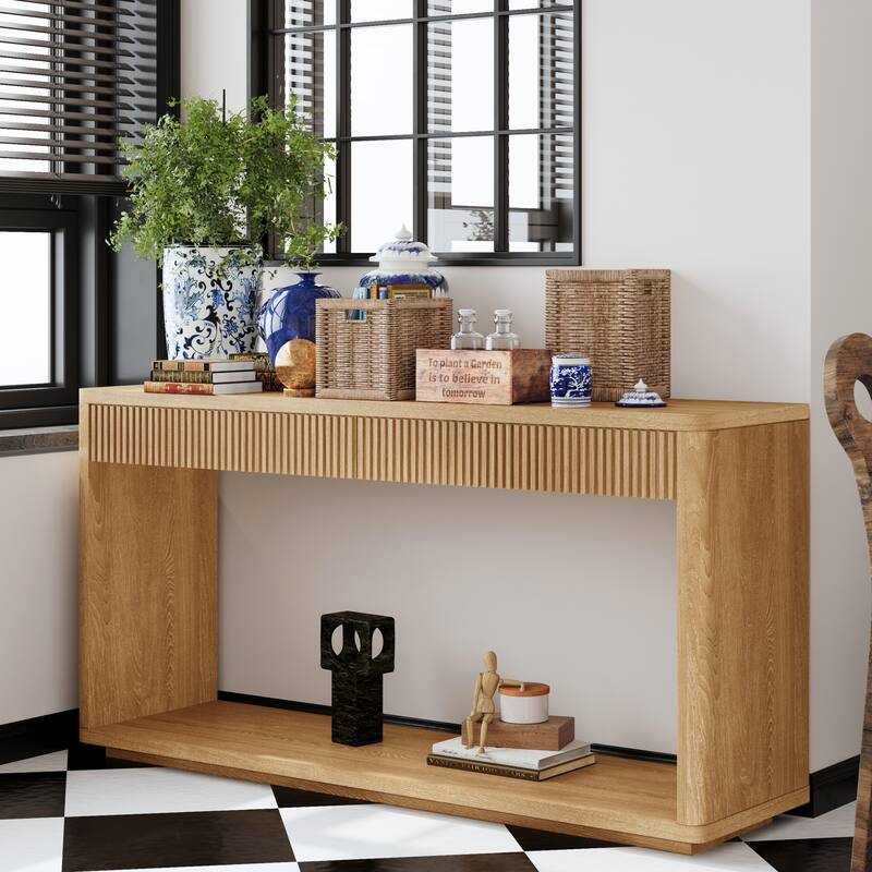 60" Modern 2-Drawer Fluted Natural Wood Veneer Console Table