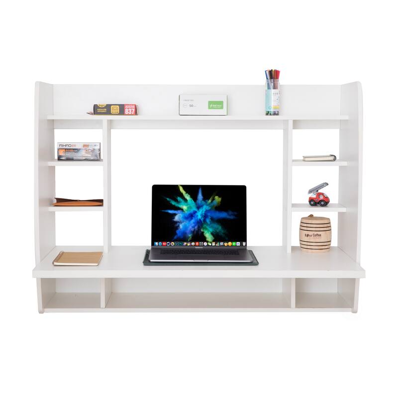 Versatile Wall Mount Floating Computer Desk - Stylish and Space-Saving Writing Study Table with Shelves - Ideal for Living Room - White