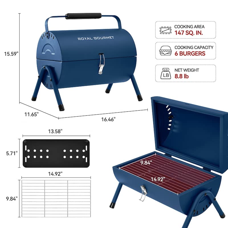 Royal Gourmet CC1015B Portable Charcoal Grill with Four Air Vents - Blue
