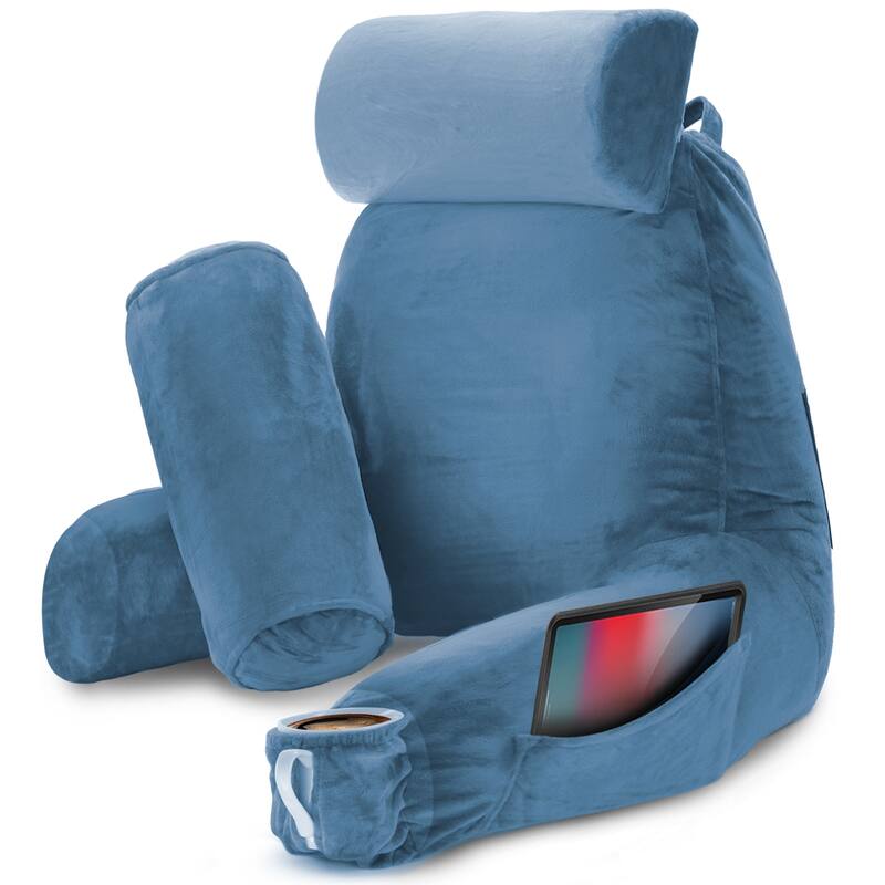 Nestl Memory Foam Reading Pillow with Backrest, Arms and Pockets - Large - Blue Heaven