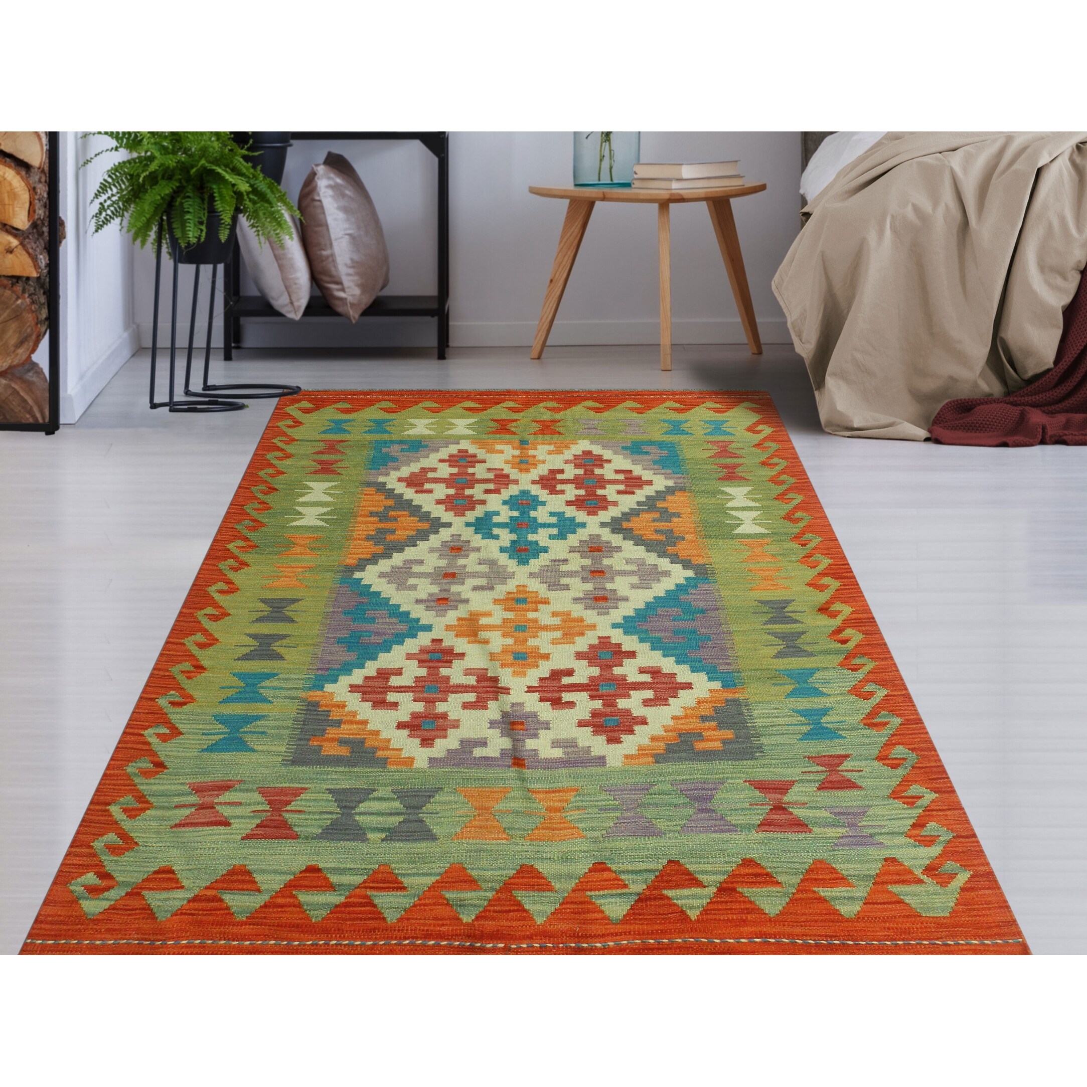 Hand-Woven Sangat Kilim Norvyn Ivory/Blue Rug - 4'4