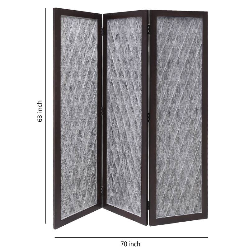 Wooden 3 Panel Room Divider with Textured Diamond Pattern, Gray and Black