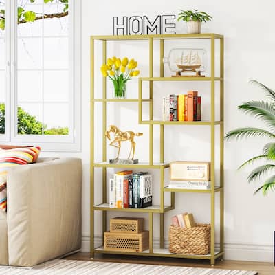 White Gold Bookshelf Bookcase 8-Open Shelf Etagere Bookcase with Faux Marble