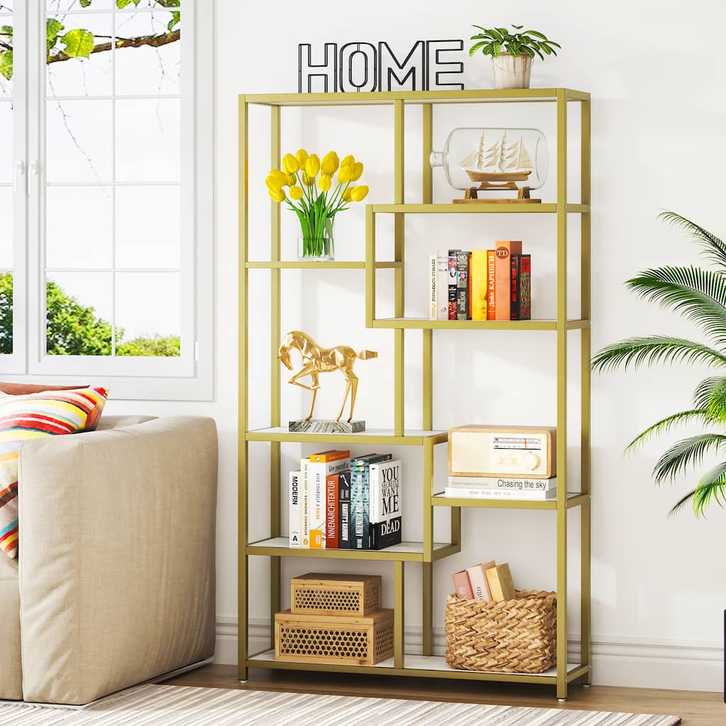 White Gold Bookshelf Bookcase 8-Open Shelf Etagere Bookcase with Faux Marble