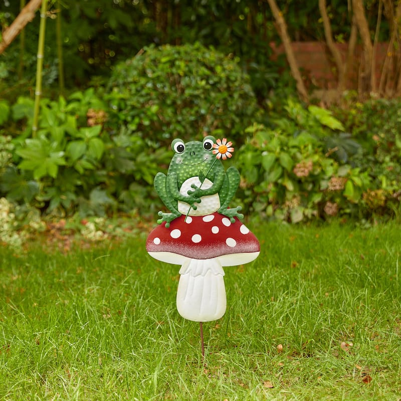 Glitzhome Metal/Wood Frog Stacked Mushroom Welcome Sign Yard Stakes Garden Wall Decor