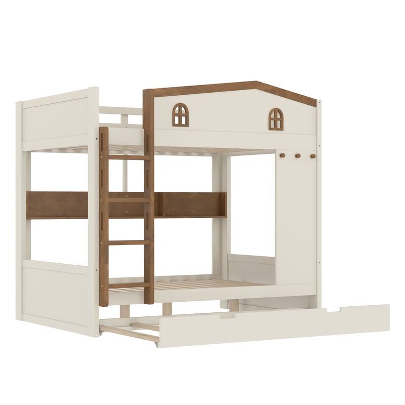 Roomfitters Full over Full Bunk Bed with Trundle and Storage Shelves, Solid Wood Frame with Hooks, Beige