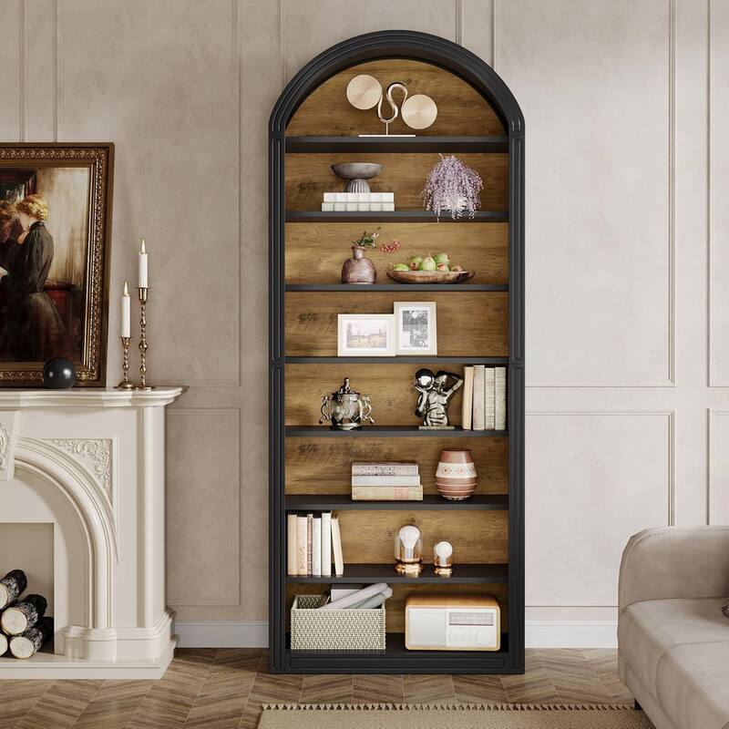 78.7" Black Arched Bookshelf, Tall Arched Bookcase with 8-Tier Storage Shelves - 11.81”D x 31.5”W x 79.53”H