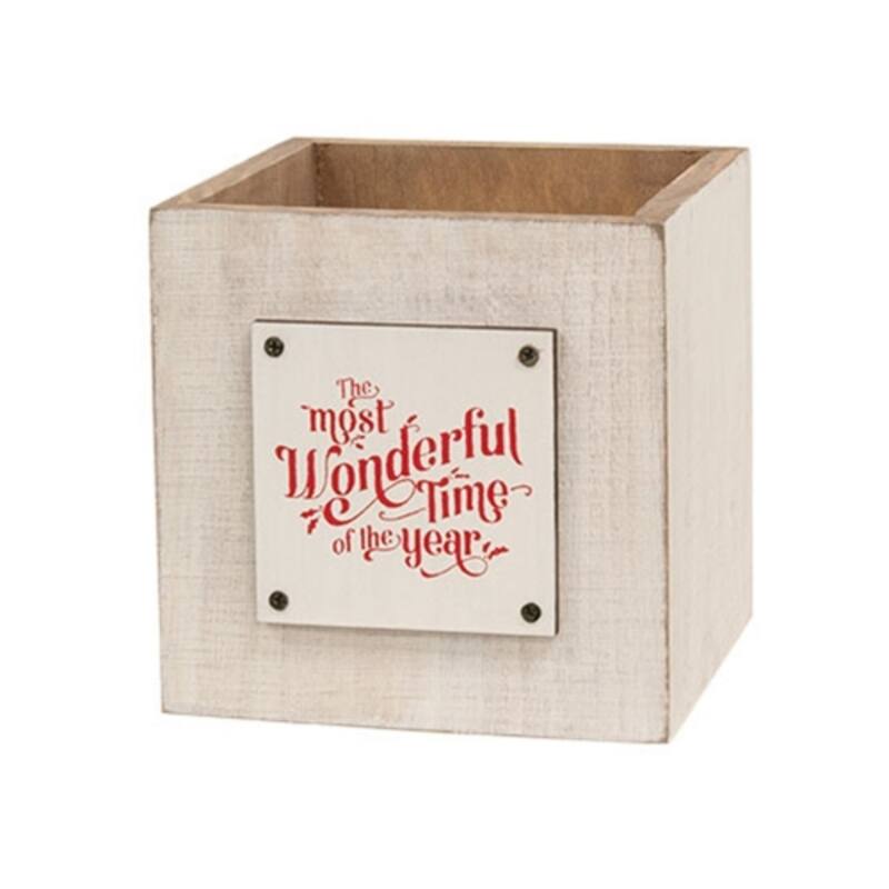 Whitewashed Wooden Christmas Box Rustic Holiday Decor - 4.75" x 4.75" x 4.75" - White