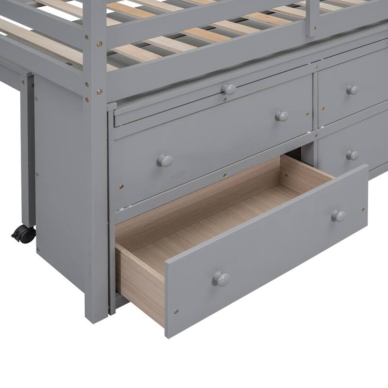 Solid Wood Loft Bed with Retractable Desk and Drawers