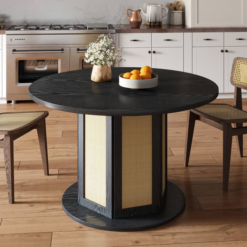 Moasis Farmhouse Round Pedestal Dining Table for 4 with Rattan Circular Base - Black