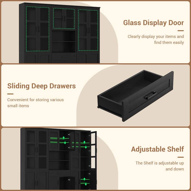 Set of 3 Freestanding Display Bookcase with Glass Doors & Adjustable Shelves & Drawer, for Living Room, Dining Room,Home Office.