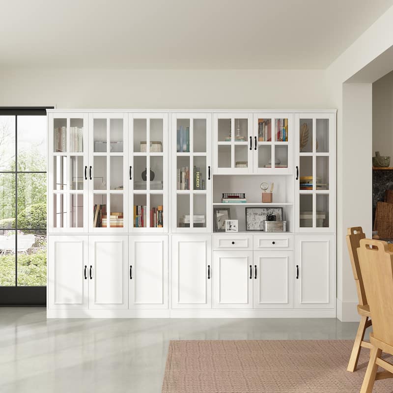 78.7"H Combo Buffet Sideboard White Curio Bookcase Cabinet Glass Door - 110.2"W