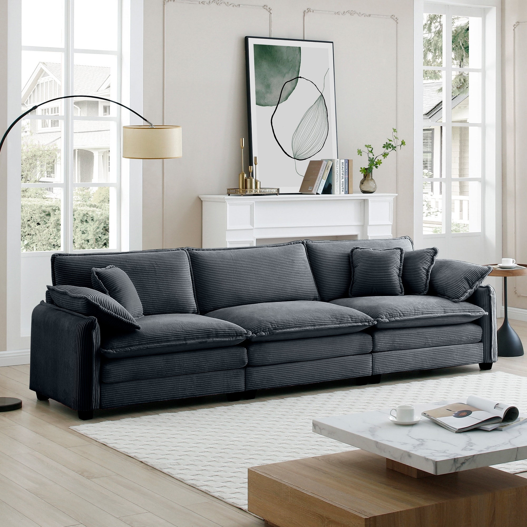 Ergonomic 3-Seater Corduroy Sofa Set with Throw Pillows
