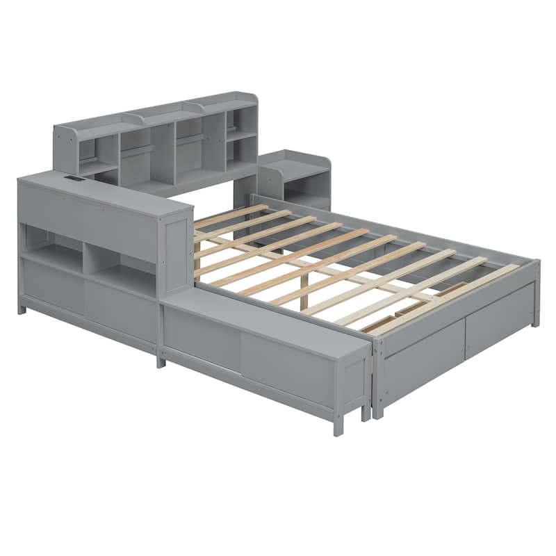 Full Size Wooden Platform Bed with Desk, Nightstand, Storage Drawers, USB Ports, and Headboard Storage