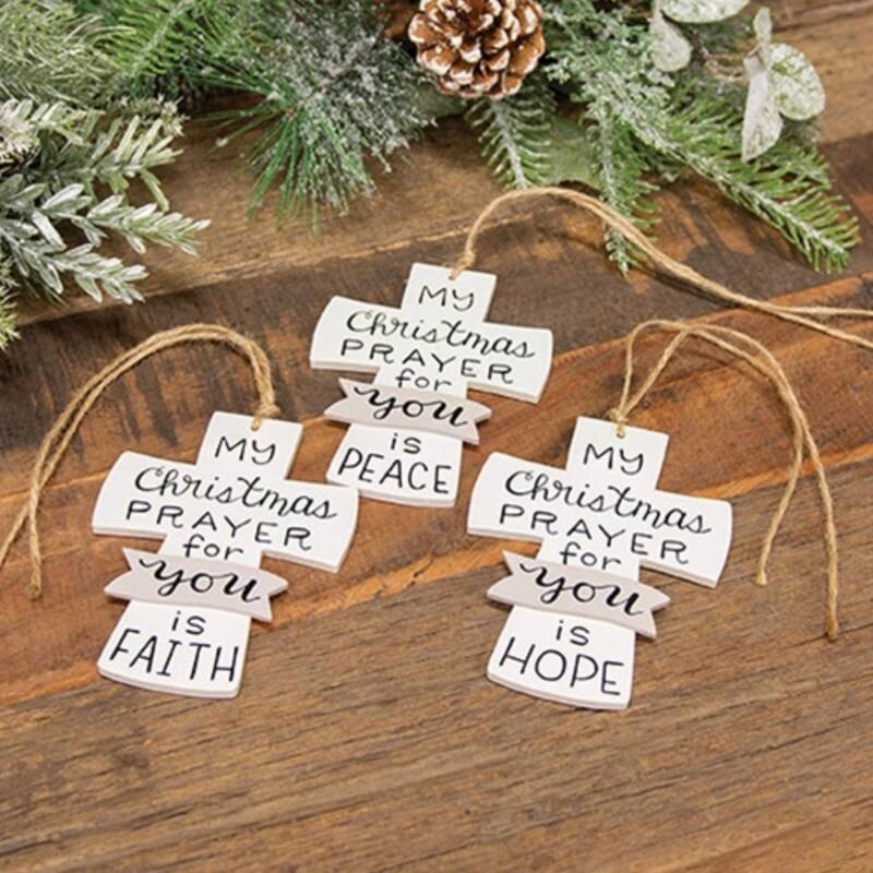 White Layered Wood Cross Ornaments with Inspirational Christmas Messages and Jute String 3 Asstd. - 4.75”H x 3.5”W x 0.25”D