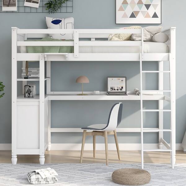 slide 2 of 45, Twin Size Loft Bed Kids Bed Frame Wooden Storage Bed with Desk, Shelves, Pull-out Drawers, Ladder and Guardrail White - Twin