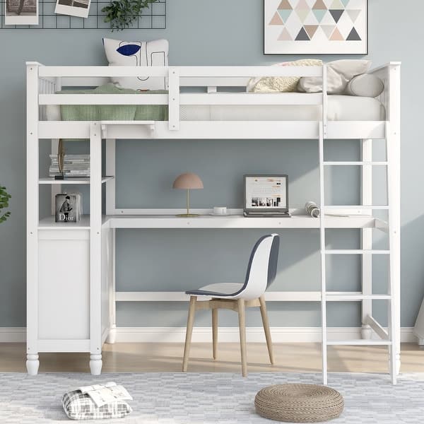 slide 2 of 17, Twin Size Loft Bed with Shelves Drawers and Desk, White White