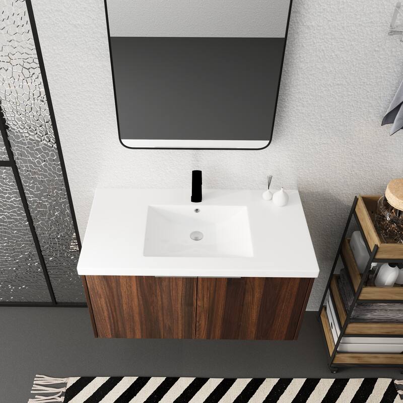 Floating Bathroom Vanity with Resin Sink, Soft Closing Doors, Metal Handles, and Ample Storage Space - 35.4in L Plywood