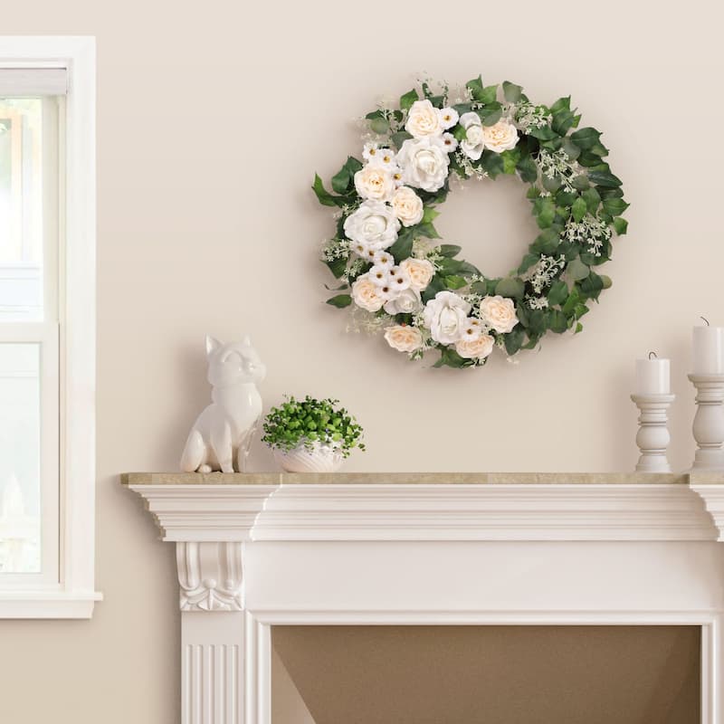 Rose and Camellia Floral Artificial Spring Wreath, 30-Inch, Unlit