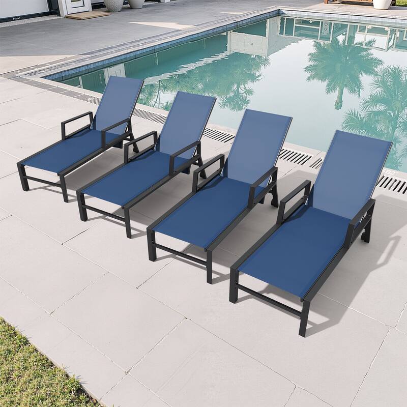 Outdoor Aluminum Adjustable Back Chaise Lounges with Wheels - Navy Blue - 4PC