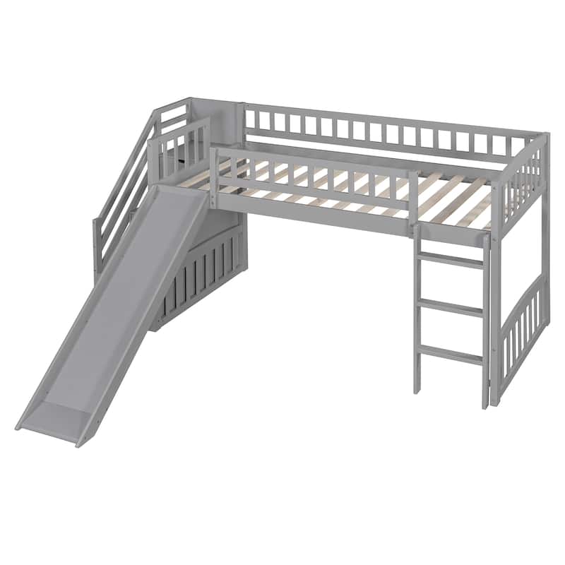 Stairway Twin Size Loft Bed with Two Drawers and Slide, Solid Wood Frame, Convertible Ladder, and Storage Space