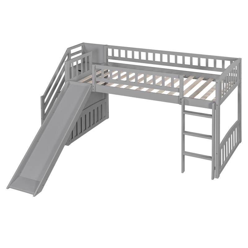 Twin Size Loft Bed with Drawers, Slide, and Staircase, Gray