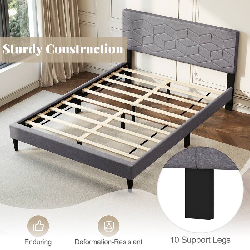 Grey Upholstered Bed Frame with Linen Headboard and Low-Profile Design Box-Spring-Free Setup
