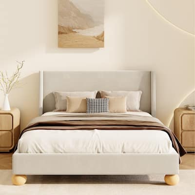 Velvet Platform Bed with Round Wooden Legs