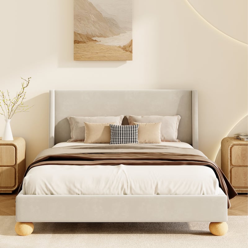 Velvet Upholstered Platform Bed - Cream King - King