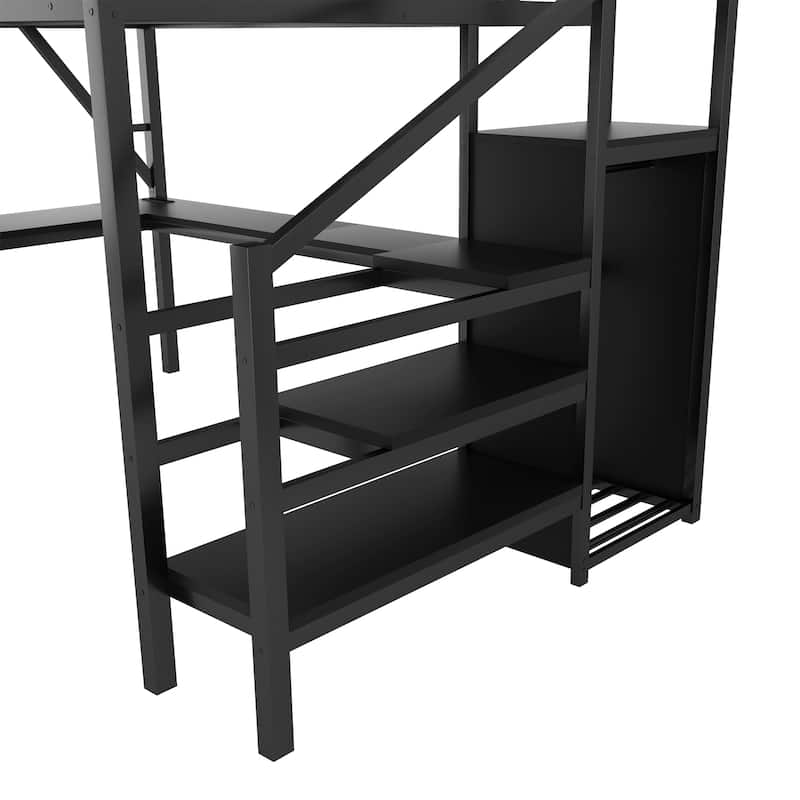 Metal Queen Loft Bed with Wardrobe and LED Light, Queen Size Loft Bed with L Shaped Desk and USB for Kids Teens Adults