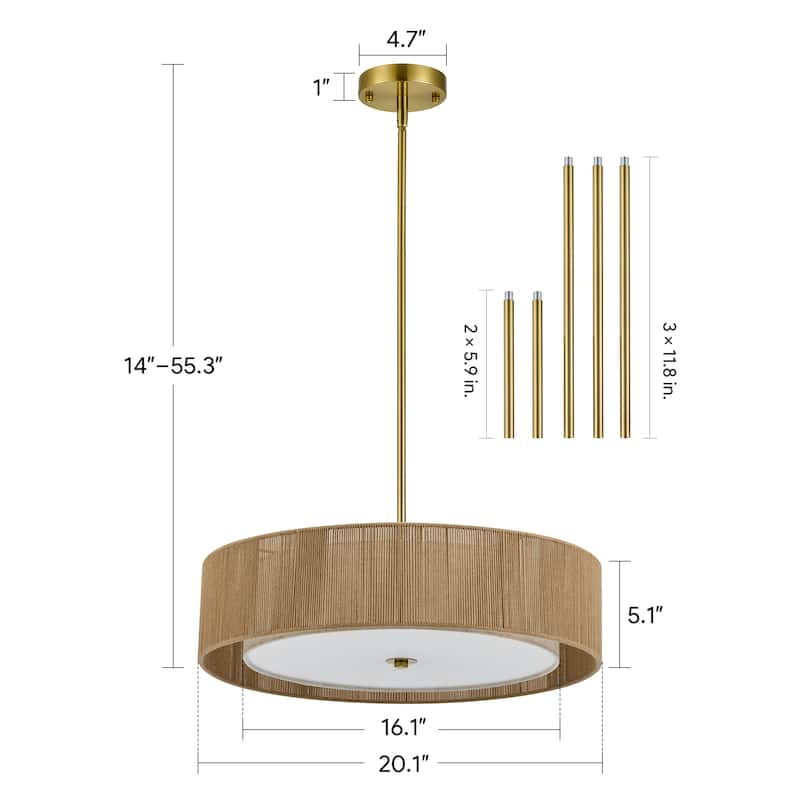 CO-Z 3-Light 20"W Double Drum Fabric Pendant Chandelier