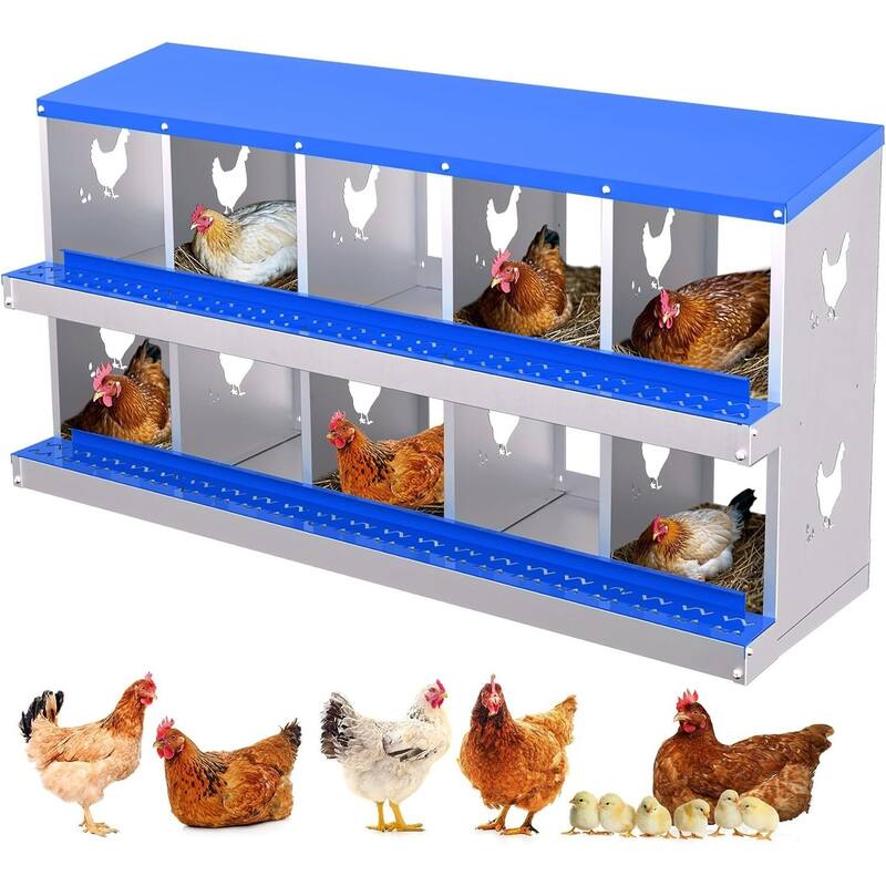 10 Compartment Metal Chicken Nesting Box, Laying Box for Hens Ducks Rabbits, Blue - Blue without Legs