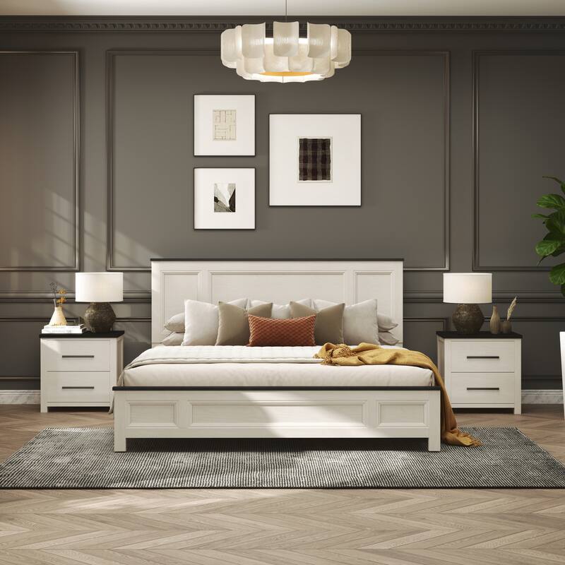 Roundhill Furniture Realynn 5-Piece Wood Bedroom Set, Panel Bed with Dresser, Mirror, and 2 Nightstands, Off-White Finish