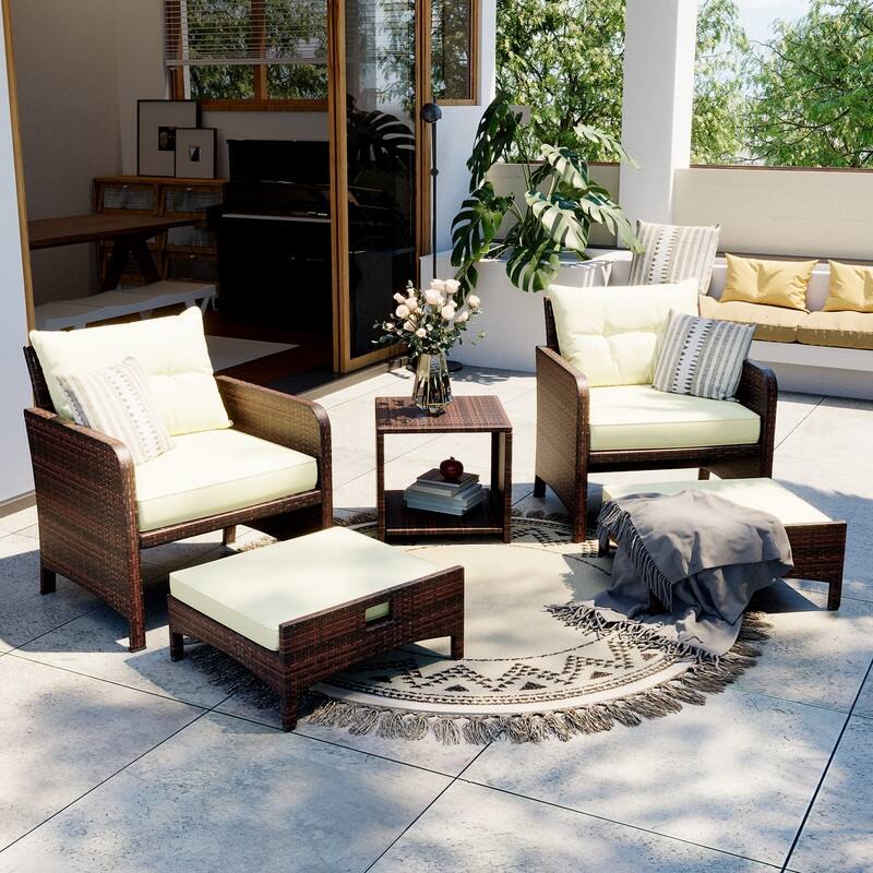 Pamapic 5-Piece Wicker Patio Conversation Set with Ottomans - Beige