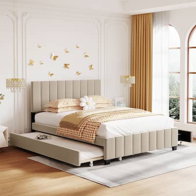 Merax Queen Size Velvet Upholstered Platform Bed with 2 Drawers and 1 Twin XL Trundle