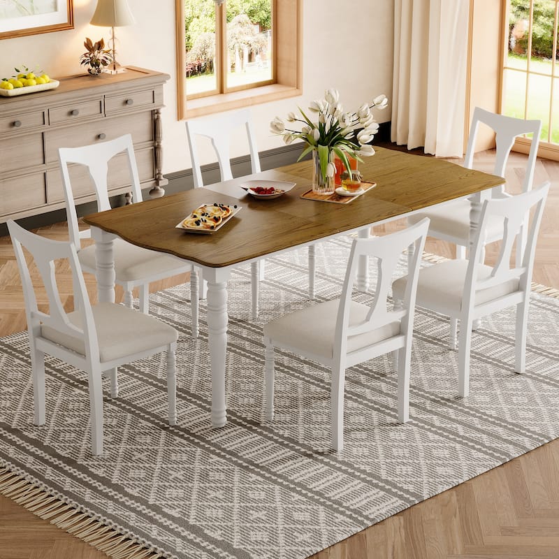 7 -Piece Kitchen Table Set with Extendable Rectangle Dining Table and 6 Upholstered Dining Room Chairs - Natural+White