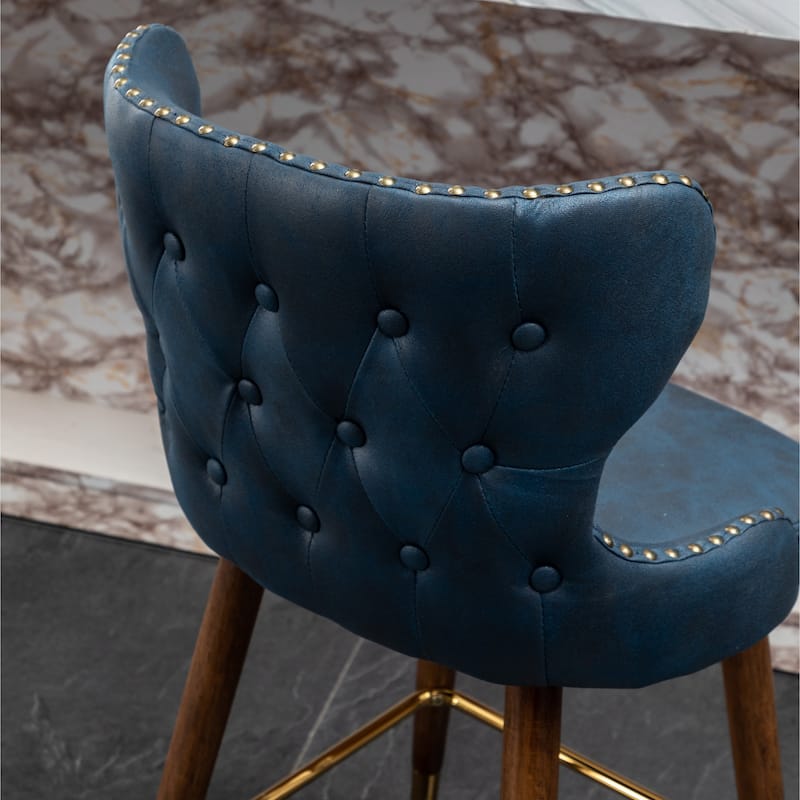 Modern Faux Leather Bar Stool Set of 2, Tufted Nailhead Trim Counter Stool with Footrest for Kitchen Island, Dining Room