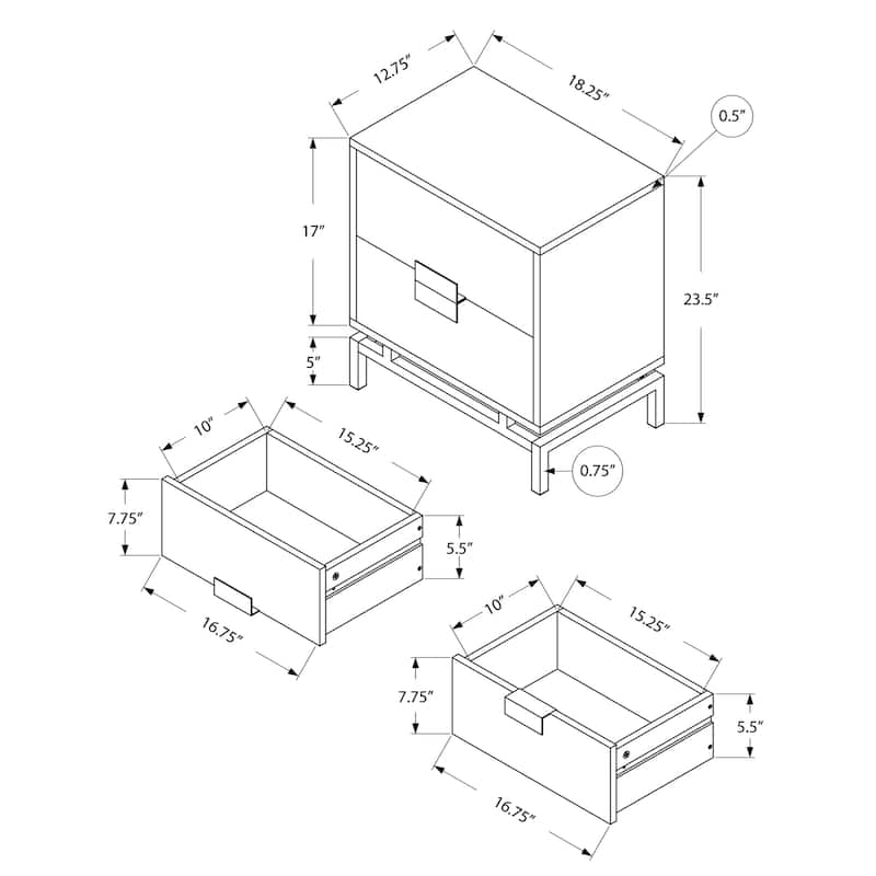 Contemporary 2-Drawer End Table Metal Base Wood Top Nightstand for Bedroom or Living Room - 18.25”L x 12.75”W x 23.5”H
