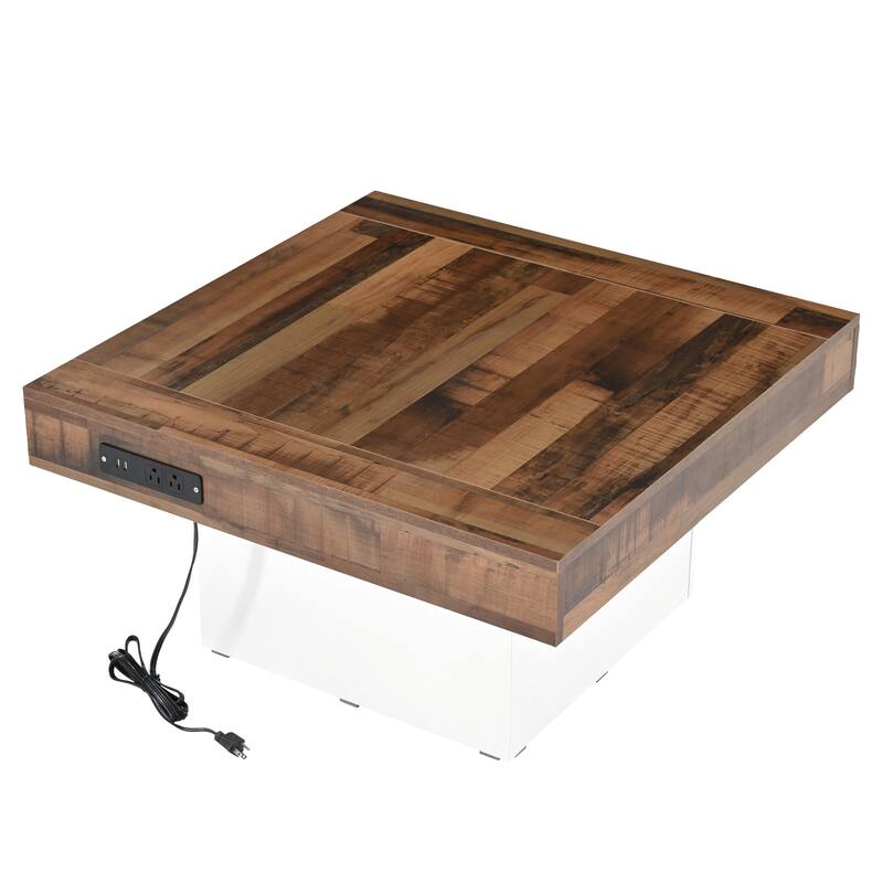 Roomfitters Square Farmhouse Coffee Table with Built-in Charging Station, Wood Grain Center Table with USB and Outlets