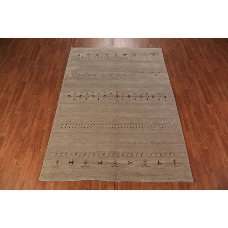 Tribal Gabbeh Oriental Rug Hand-Knotted Beige Modern Wool Carpet - 5'7" x 7'11"