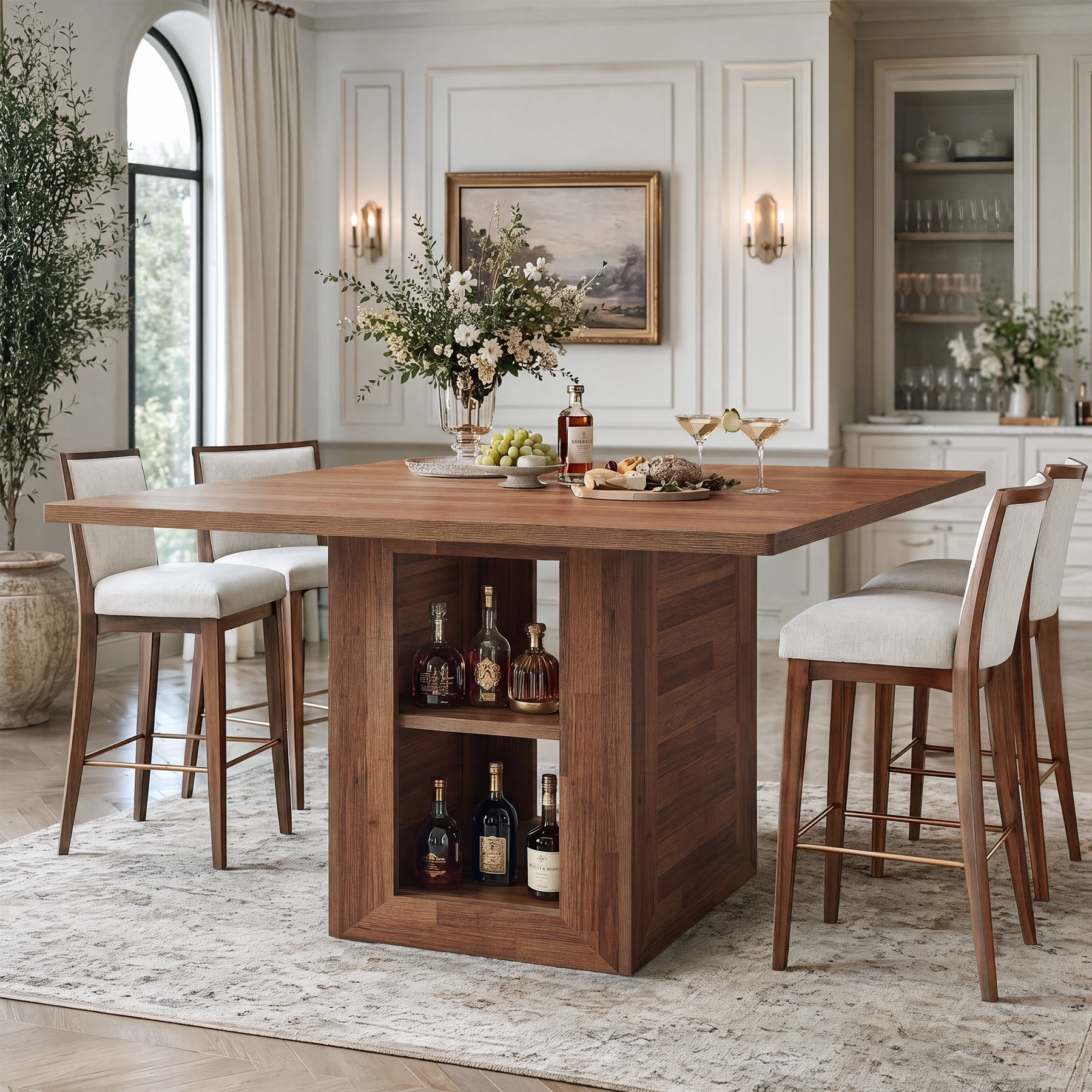 47" Square Dining Table for 4 with Open Storage, Wooden Counter Height Breakfast Table 37.6" High Top Kitchen Table for Home