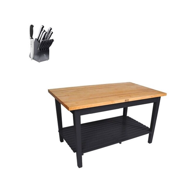 John Boos Oak 60x25 Butcher Block w/ Shelf & Henckels Knife Set
